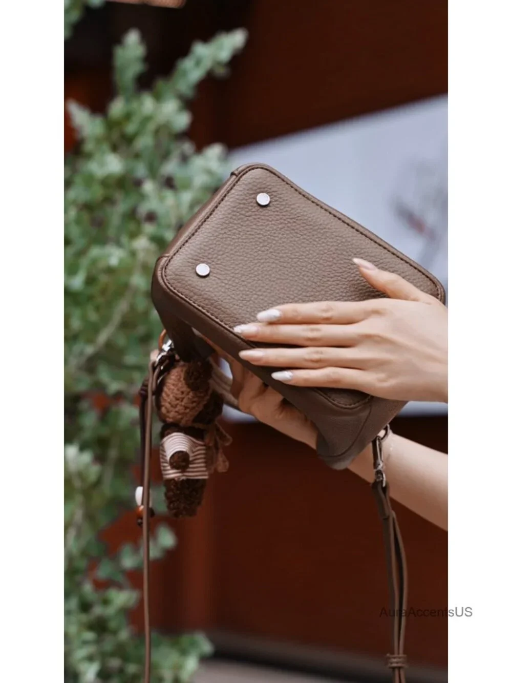 Pebbled Leather Small Crossbody Bag with Lock Accent, Top Handle Satchel Tote